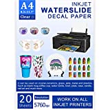 Printers Jack Water Slide Decal Paper Inkjet 20 Sheets A4 Size Premium Water Slide Transfer Paper Clear Transparent Printable Waterslide Paper for Tumblers, Mugs, Glasses DIY