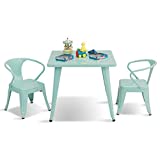 Costzon Kids Table and 2 Chair Set for Indoor/Outdoor Use, Steel Table and Stackable Chairs, Preschool, Bedroom, Playroom, Home, Furniture for Toddlers Boys & Girls(Mint Green, Table & Chairs)