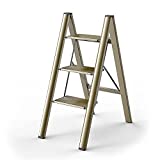 3 Step Ladder, Aluminum Sturdy Lightweight, Widened Pedal, Non-Slip Foot Pad, Multi-Functional Foldable Space Saving for Home and Kitchen (330LB) (Champagne Gold)