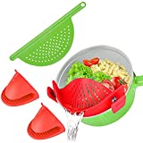 zhinan 4 Pieces Clip-On Strain Strainer,Pot Drainer with Handle,Silicone Oven Gloves Set for Pasta Vegetable Noodles Pot Bowl Pan (Red, Green)