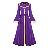 Women Metallic Gold Glory Praise Dance Bell Long Robe Dress Adult Liturgical Church Worship Costume Loose Fit Full Length Bi Color Lyrical Choir Maxi Dancewear Tunic Ballet Gown Deep Purple-Gold XL