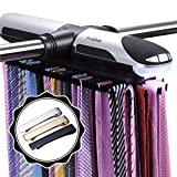 Primode Motorized Tie Rack Closet Organizer with LED Lights, Bonus Stainless Steel Tie Clip Set, Includes J Hooks for Wired Shelving Stores Up To 72 Ties with 8 Belts, Rotation Operates With Batteries