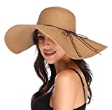 Lanzom Womens Wide Brim Straw Hat Floppy Foldable Roll up Cap Beach Sun Hat UPF 50+(Style D-Khaki)