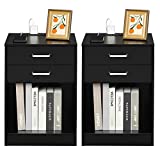 Nightstand Set of 2 with Charging Station, Black Night Stands for Bedroom, End Table Side Stand Cabinet