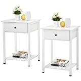 Ecoprsio Nightstand Set of 2 White End Table Side Table with Drawer and Storage Shelf Wood Night Stand Modern Bedside Table for Bedroom, Living Room, Sofa Couch, Hall, Easy Assembly, White