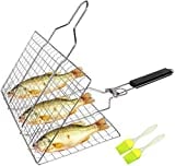 Aleath Portable Grill Basket, Stainless Steel BBQ Accessories Grilling Basket with Removable Handle, BBQ Tools for Fish, Shrimp,Vegetables, Kabob, Steak - Come with Basting Brush