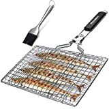 penobon Fish Grilling Basket, Folding Portable Stainless Steel BBQ Grill Basket for Fish Vegetables Shrimp with Removable Handle, Come with Basting Brush and Storage Bag (01)