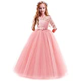 Flower Girls Lace Half Sleeve Tulle Dress Wedding Bridesmaid Communion Evening Party Bowknot Puffy Dress Pink 5-6 Years