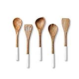 Wooden Spoons for Cooking Set for Kitchen, Non Stick Cookware Tools or Utensils Includes Wooden Spoon, Spatula, Fork, Slotted Turner, Corner Spoon, Set of 5-12 Inches Long, Acacia Wood, White