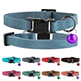 Murom Breakaway Cat Collar Leather Soft Adjustable Pet Kitten Collars with Bell Pink Brown Blue Green Red (Blue)