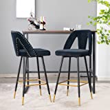 bar stools Set of 2,Modern Velvet Upholstered Connor Counter barstools with Open Back and Gold Tipped Black Metal Legs for Kitchen Dining Party, Contemporary Leisure Design (Black)