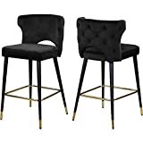 Meridian Furniture Kelly Collection Modern | Contemporary Velvet Upholstered Counter Height Stool with Gold Tipped, Black Metal Legs, Black, 22" W x 19" D x 38.5" H