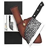 Butcher Knife, imarku 7 Inch Pocket Knife, Hand-Forged Full Tang Serbian Chefs Knife with Leather Sleeves, German High Carbon Steel Meat Cleaver for Kitchen, Camping, BBQ