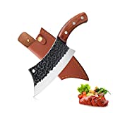 Hand Forged Meat Cleaver 6.3 Inch Kitchen Chef Knife with Leather Sheath and Gift Box Outdoor Butcher Knife Hammered Chopper Boning Knife for Home, Camping, BBQ (Brown)