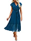 BTFBM Women Summer Bohemian Floral Casual Wrap V Neck Ruffle Cap Sleeveless Belt A-Line Pleated Hem Swing Midi Sun Dress (Swiss Dot Lake Blue, s)