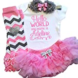 Take Home Outfit Baby Girl Outfit Hello World Pink Silver Personalized Name Optional Tutu Bloomers Headband and Leg Warmers