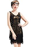 BABEYOND Women's Flapper Dresses 1920s V Neck Beaded Fringed Great Gatsby Dress Gold Black