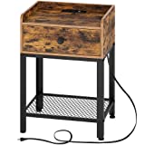 Rolanstar Nightstand with Charging Station and USB Ports, Rustic End Table with Storage Drawer and Metal Shelf for Bedroom, Living Room, Rustic Brown