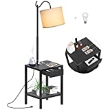 Nightstand with Charging Station and Drawer Farmhouse Rustic End Tables with USB Ports and Outlet, Floor Lamp with Table for Living Room,Bulb Included