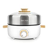 Aroma Housewares AMC-130 Whatever Pot, Indoor Grill, Cooking, Hot Pot with Glass Lid, Bamboo Handles, 2.5L, Stainless Steel/White