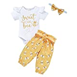 Infant Baby Girl Bumble bee Clothes Letter Print Romper Honey Bees Pants Bowknot Headband Outfits Set（Yellow 2, 0-3 Months