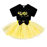 Baby Girls One 1st Birthday Outfit Bee Romper Tulle Tutu Skirt Sets Sequin Bow Princess Party Clothes (12-18 Months, Black)