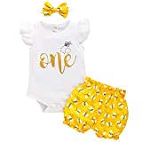 Baby Girl One Birthday Outfits Honey Bee Ruffle Sleeve Romper+Bumble Bee Shorts+Headband 3Pcs Summer Clothes 9-12 Months