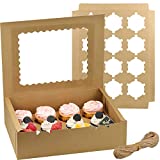 Zezzxu 12 Pack Cupcake Boxes, Brown Kraft Cupcake Carrier, Food Grade Kraft Bakery Boxes with Windows and Inserts to Fit 12 Cupcakes Muffins or Pastries
