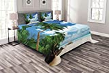Ambesonne Ocean Bedspread, Summer Season Beach and Coconut Tree Mahe Island in Seychelles Tranquil Coastal Hawaiian, Decorative Quilted 3 Piece Coverlet Set with 2 Pillow Shams, Queen Size, Green Blue