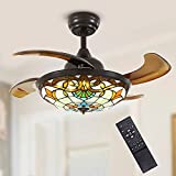 Moooni 36" Mediterranean Style Ceiling Fans with Light and Remote Tiffany Fandelier Invisible Chandelier Fans with Retractable Blades Indoor Dimmable LED Ceiling Fan Light Kit Brown