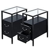 VECELO End Versatile Recliner Side Table with Drawer and Open Shelf Narrow Nightstand Tempered Glass for Small Spaces in Living Room Bedroom Office Lounge, Black