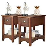 Giantex Chair Side End Table with Drawer, Retro Narrow Tiered Side Table, Compact Nightstand with Storing Shelf, End Table for Living Room Bedroom Home & Office (2, Walnut)
