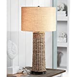 Traditional Coastal Tropical Style Table Lamp Woven Seagrass Burlap Fabric Drum Shade Decor for Living Room Bedroom Beach House Bedside Nightstand Home Office Reading Family - 360 Lighting