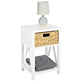 mDesign Side End Table Storage Nightstand - Sturdy Wood Frame, Water Hyacinth Woven Pull Out Basket Bin - Furniture Unit for Living Room, Bedroom, Hallway, Entryway, 1 Drawer - White/Bamboo