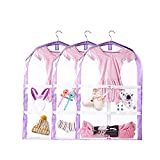 35" Kid's Garment Bag, Foldable Hanging Children's Dance Costumes Bags with 3 Pockets, Clear PEVA Garment Storage Bags (Purple, 3 PCS)