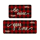 Artoid Mode Buffalo Plaid Be Mine You & Me Decorative Kitchen Mats Set of 2, Seasonal Holiday Valentine's Day Anniversary Wedding Party Low-Profile Floor Mat for Home Kitchen - 17x29 and 17x47 Inch