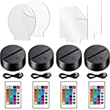 4 Pieces 3D Night LED Light Lamp Base with 4 Pieces Acrylic Glass Panel Remote Control USB Cable 16 Colors Lamp Light Display Base Show Stand for Room Restaurant Bar Shop Cafe Office (Black Style)