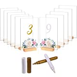 12 Pack Clear Blank Acrylic Sign Holder with Wooden Table Card Stands Menu Number Signs Display Stand Clear Acrylic Party Table Sign Holder with White and Gold Pen (Wood Color 5 x 7 Inch)