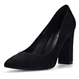 IDIFU Women's IN4 Chunky-HI Block High Heels Closed Pointed Toe Pumps Dress Office Shoes for Women (Black Suede, 9 M US)