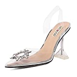 wetkiss Women's Clear Heels Shoes, Transparent PVC Crystal Rhinestones Slingback Wedding Pointed Toe High Heel Sandals for Women Ladies Female -Apricot Sunflower 3.94"