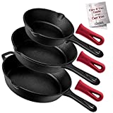 Cast Iron Skillet Set - 3-Piece: 6" + 8" + 10"-Inch Chef Frying Pans - Pre-Seasoned Oven Safe Cookware + 3 Heat-Resistant Handle Cover Grips - Indoor/Outdoor Use - Grill, Stovetop, BBQ, Fire Safe