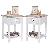 Wnutrees Rustic Farmhouse Accent End Table, Nightstand Side Tables with Drawers and Open Storage Shelf, Wood Top, Handcrafted Finish, Set of 2, White