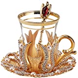 (Set of 6) Turkish Tea Glasses Set with Saucers Holders Spoons, Decorated with Swarovski Type Crystals and Pearl,24 Pcs, 3.3 Ounces Capacity (Gold)