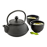 Tetsubin 20 Ounce Cast Iron Teapot, 1 Hobnail Iron Teapot - With Strainer, Retains Heat, Black Cast Iron Japanese Tea Kettle, Curved Handle - Restaurantware