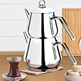 Turkish Tea Pots Set for Stove Top, Stainless Steel Double Teapot Set with Stainless Steel Handle, Samovar Style Self-Strained Tea Kettle, Total Capacity of 3.54 qts