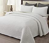 EMME Cream White Queen Quilt Set 3 Pieces Pre-Washed Microfiber Bedspreads for All Season, Lightweight and Reversible Bedding Cover (Basket Weave, Cream)