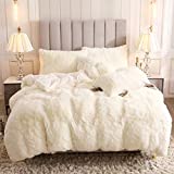 Uhamho Faux Fur Velvet Fluffy Bedding Duvet Cover Set Down Comforter Quilt Cover with Pillow Shams, Ultra Soft Warm and Durable (Queen, Cream)