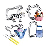 4Pieces Large Cow Cookie Cutters Set, Farmhouse Cookie Cutter with 3 Different Cow and Mason Canning Jar Cookie Cutters and 2 Pieces Sugar Stirring Pins for Kitchen Baking