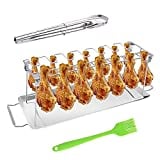 RUBY-Q Chicken Leg Wing Grill Rack, 14 Slots Stainless Steel Roaster Stand with Drip Pan, Kitchen Tong and Silicone Basting Brush, BBQ Chicken Drumsticks Rack for Smoker Grill or Oven
