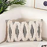 OJIA Decorative Lumbar Throw Pillow Cover, Ticking Striped Cream & Gray Texured Pillow Cases Accent Cushion Cover Tufted Neutral Geometric Contemporary for Farmhouse Living Room (12x20inch, Stripe)